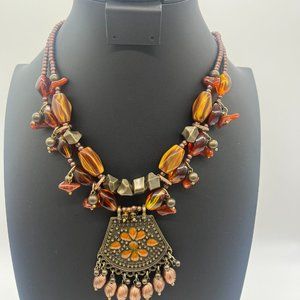 NWT Brown beaded statement necklace w/stone pendant
